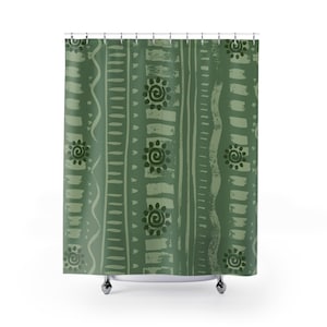 Tribal Green Shower Curtain, African Inspired Home Decor, Boho Bathroom Curtain, Ethnic Print Bath Decor, Unique Shower Drapes, 71 x 74