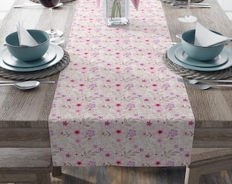 Chemin de table floral en polyester avec fleurs roses et lavande sur fond beige, 16 x 72 ou 16 x 90 pouces, décoration printanière