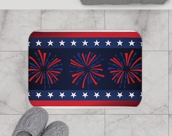 Fireworks and Stars Microfiber Bath Mat, 4th of July Memory Foam Bath Mat, Available in 24"x17" or 34"x21" Patriotic Bathroom Nonslip Rug