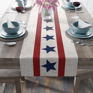 May include: A beige table runner with a patriotic design. It features two red stripes and navy blue stars on a beige background. The runner is placed on a wooden table set for a meal, with plates, bowls, and glasses.