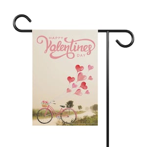 Happy Valentines Garden Flag with Bicycle and Hearts Balloon Design, Valentine&#39;s Day Outdoor Yard Banner, 12 x 18 flag