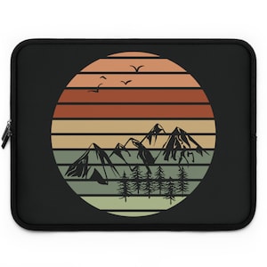 Custodia per laptop retrò Sunset Mountain con sagome di albero di pino Chiusura con doppia cerniera Scegli 7", 10", 13", 15", 17", Custodia per laptop imbottita nera