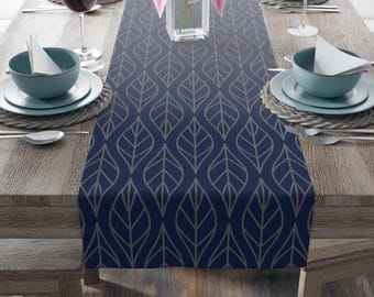 Navy Blue Polyester Table Runner with Gray Leaf Design, 16x72 or 16x90 Inches, Elegant Table Decor