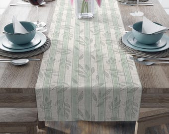 Camino de mesa de hojas verde salvia - Decoración de mesa de poliéster beige a rayas, 16 x 72 o 16 x 90 pulgadas