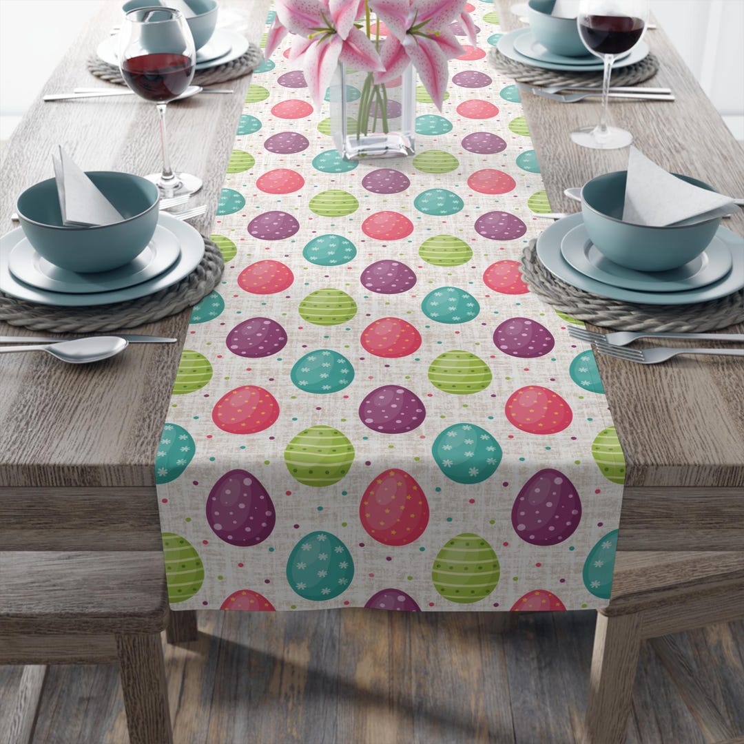 Easter Egg Pattern Polyester Table Runner With Polka Dots, Pink, Purple ...