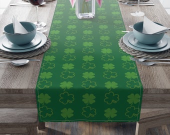 St. Patrick's Day Shamrock Table Runner, Cotton Twill Green Clover Leaf Table Runner, Available in Two Sizes 16" x 72" or 16" x 90"