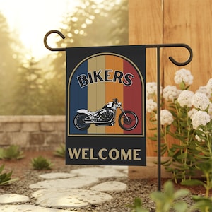 Bikers Welcome Flag, Black Flag with Motorcycle Graphic Flag, Blue, Beige, Orange, and Red Stripes - 2 Sizes: 12&#39;&#39; × 18&#39;&#39; and 24.5&#39;&#39; × 32&#39;&#39;