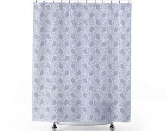 Blue & White Leaf Pattern Polyester Shower Curtain, Botanical Bathroom Decor, Leaf Pattern Shower Curtain, 71x74