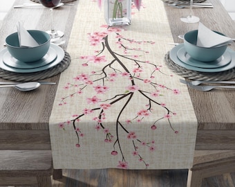Cherry Blossom Polyester Table Runner with Beige & White Textured Look Background, Spring Table Accessory, 16 x 72 or 16 x 90 inches