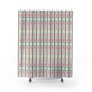 Boho Style White Shower Curtain, Tribal Design in Red, Yellow, Green and Black, African Inspiration Design Fabric Shower Curtain, 71&quot; x 74&quot;