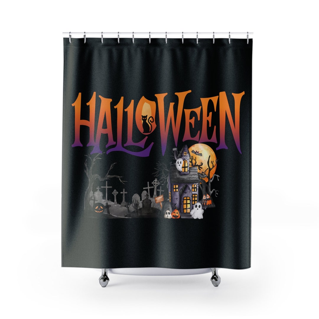 Spooky Halloween Scene Shower Curtain With Ghosts and Pumpkins 71 X 74 ...