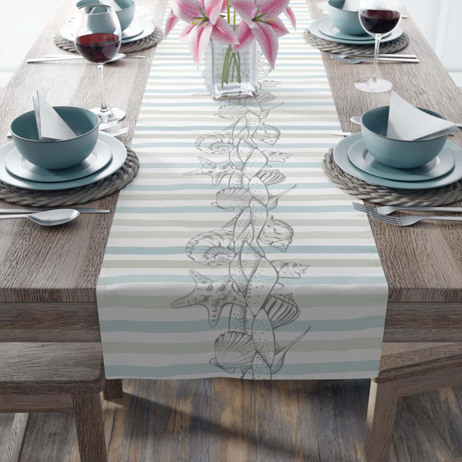 Shell Table Runner Coastal Table Runner White Polyester With Seashell Stripe Design, Shell ...
