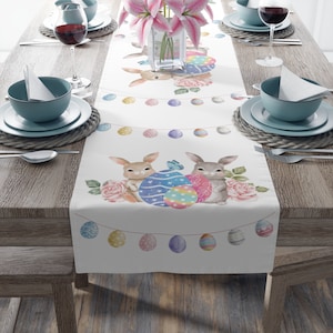 Whimsical Easter Table Runner with Bunnies, Eggs, and Flowers - Available in 16 x 72 or 16 x 90, White Cotton Twill Table Runner