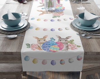 Whimsical Easter Table Runner with Bunnies, Eggs, and Flowers - Available in 16 x 72 or 16 x 90, White Cotton Twill Table Runner