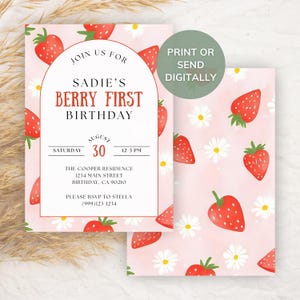 Berry First Birthday Invitation | Editable Canva Template | 1st Birthday Girl Party Invite | Strawberry Theme | Instant Download