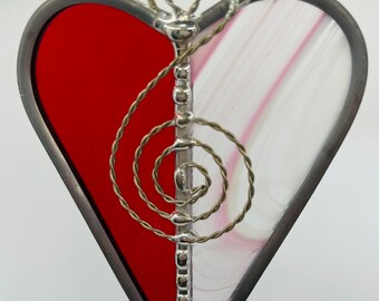 Handmade Red and clear with pink Heart Sun catcher