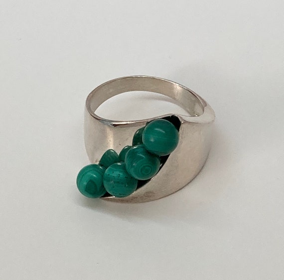 Vintage Wide Silver Malachite Band Ring - image 1
