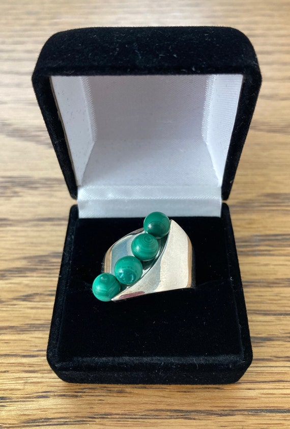 Vintage Wide Silver Malachite Band Ring - image 2