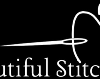 Puede incluir: Un logotipo blanco con el texto "Beautiful Stitches" y un diseño estilizado de aguja e hilo.