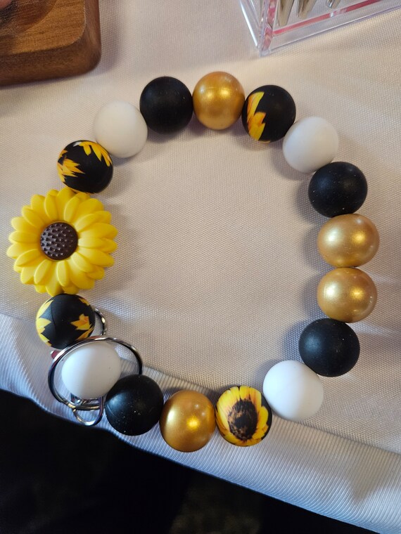 Beaded Keychain Wristlet With Silicone Beads - Sunflower 