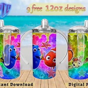 Puede incluir: Tres vasos de acero inoxidable de 12 oz con diseños coloridos con personajes de Buscando a Nemo, incluyendo Dory, Nemo y una tortuga. Los vasos tienen tapas y asas transparentes. 9 diseños de 12 oz gratis. Descarga instantánea. Archivos digitales.