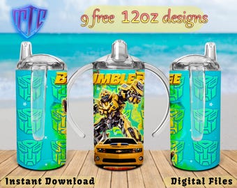 Bumblebee Sippy 12oz Tumbler Design, Transformer Sublimation Design, Kids Cup Design, Wrap 12 oz PNG Design, Free 12oz Designs.