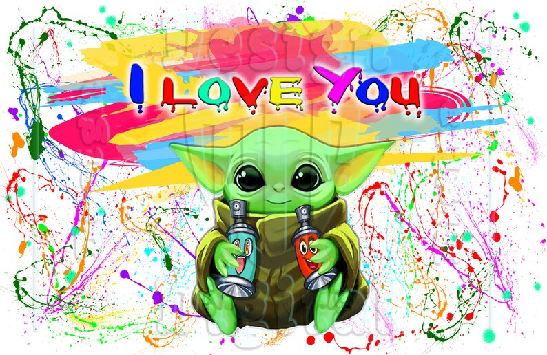 Op de afbeelding: Een groen alien-personage dat twee spuitbussen vasthoudt. De achtergrond is een kleurrijk abstract ontwerp met de woorden "I LOVE YOU" in regenboogkleuren.