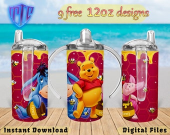 Diseño de vaso Winnie the Pooh Sippy de 12 oz, diseño de sublimación, diseño de taza para niños, diseño PNG envolvente de 12 oz, diseños gratuitos de 12 oz.
