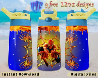 Spiderman Flip top 12oz Tumbler Design, Sublimation Design, Kids Cup Design, Wrap 12 oz PNG Design, Free 12oz Designs