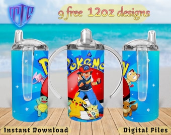 Pokemon Sippy 12oz Tumbler Design, Doggy Sublimation Design, Kids Cup Design, Wrap 12 oz PNG Design, Free 12oz Designs