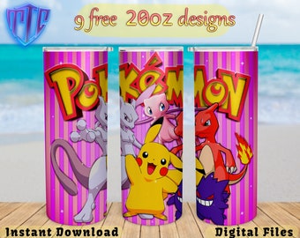 Pokemon 20oz Tumbler Design, kids Sublimation png, Straight and Tapered wrap, Free Skinny Wrap Design