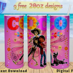 Coco 20oz Skinny Tumbler Design, kids Sublimation png, Straight and Tapered wrap, Free 20oz Tumbler Desing