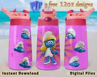 Smurfette Flip top 12oz Tumbler Design, Pink Sublimation Design, Kids Cup Design, Wrap 12 oz PNG Design, Free 12oz Designs