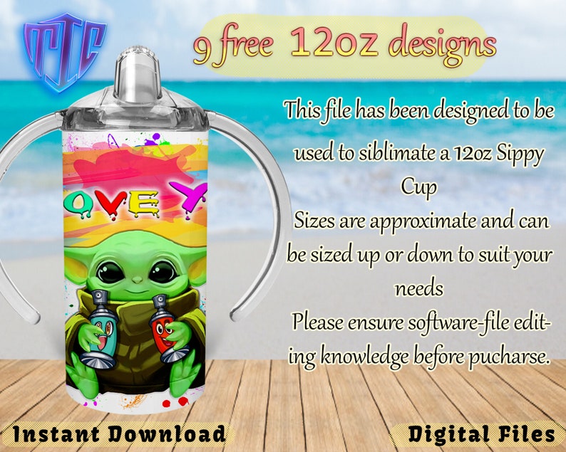 Op de afbeelding: Een sublimatieontwerp voor een 12-ounce sippy cup met een groen cartoonfiguur dat spuitbussen vasthoudt. Het ontwerp bevat het woord "QVEY" in kleurrijke letters en een regenboogachtergrond.