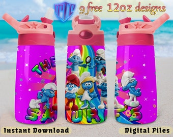 The Smurfs Flip top 12oz Tumbler Design, Pink Sublimation Design, Kids Cup Design, Wrap 12 oz PNG Design, Free 12oz Designs