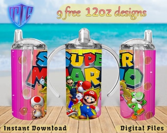 Super Mario Bross Sippy 12oz Tumbler Design, Sublimation Design, Kids Cup Design, Wrap 12 oz PNG Design, Free 12oz Designs.