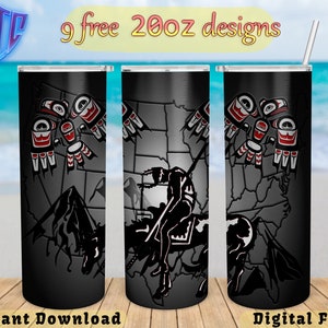 May include: Three 20oz stainless steel tumblers with a design featuring a black silhouette of a Native American riding a horse on a map of the United States. The design also includes red, white, and black Native American art.