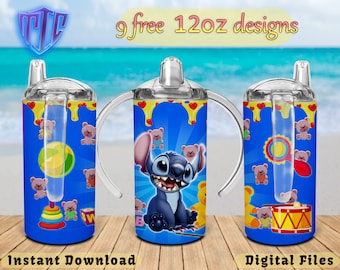 Stitch Sippy 12oz Tumbler Design, Sublimation Design, Kids Cup Design, Wrap 12 oz PNG Design, Free 12oz Designs.