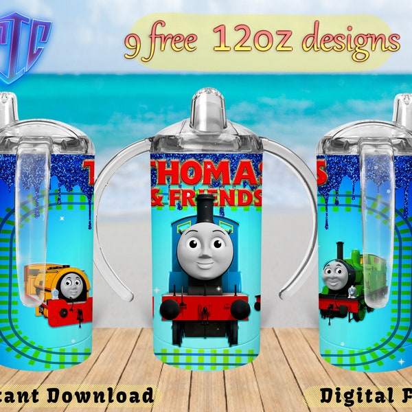 Thomas the Train Sippy 12oz Tumbler Design, Sublimation Design, Kids Cup Design, Wrap 12 oz PNG Design, Free 12oz Designs.