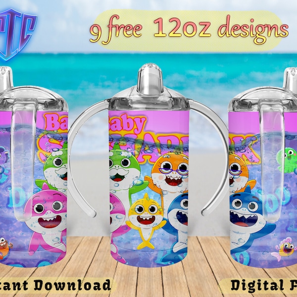 Baby Shark Sippy 12oz Tumbler Design, Sublimation Design, Kids Cup Design, Wrap 12 oz PNG Design, Free 12oz Designs.