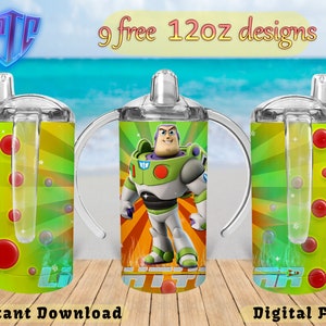 May include: Three 12oz stainless steel tumblers with lids and handles. The center tumbler features a green, yellow, and orange design with a cartoon image of Buzz Lightyear from the Toy Story movie franchise. The tumblers are labeled "Instant Download" and "Digital Files".