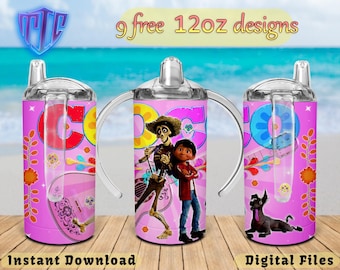 Coco Sippy 12oz Design, Sublimation Design, Kids Cup Design, Wrap 12 oz PNG Design, Free 12oz Designs.