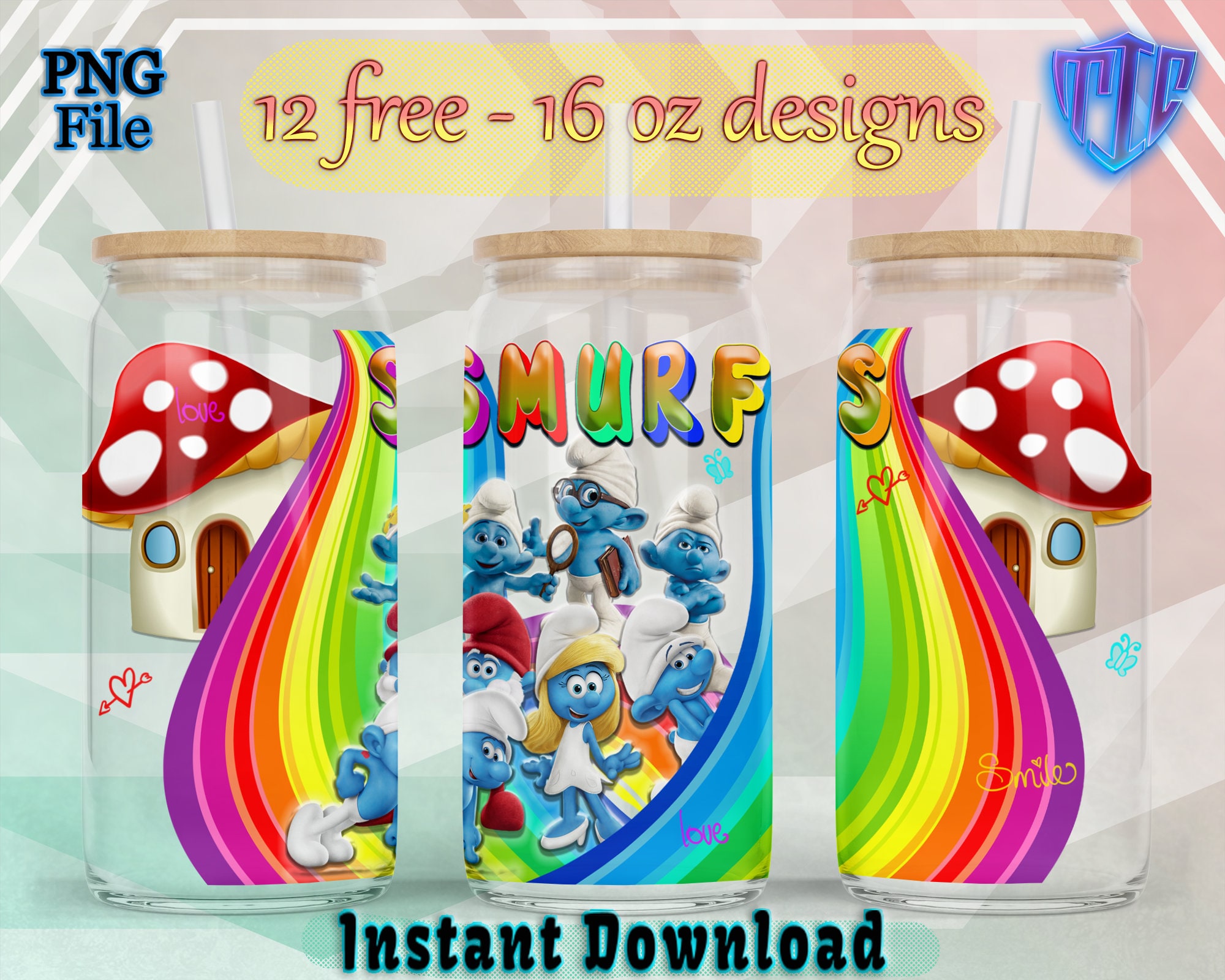 Smurfs 16oz Tumbler Design, Sublimation Design, Kids Cup Design, Wrap Libbey 160z