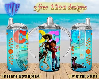 Coco Sippy 12oz Design, Sublimation Design, Kids Cup Design, Wrap 12 oz PNG Design, Free 12oz Designs.