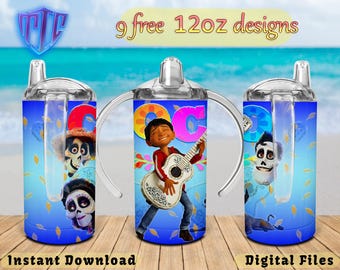 Coco Sippy 12oz Design, Sublimation Design, Kids Cup Design, Wrap 12 oz PNG Design, Free 12oz Designs.