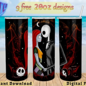 Jack Skellington en Sally Love 20oz Tumbler Design, sublimatie png voor kinderen, rechte en taps toelopende wrap, gratis 20oz ontwerpen
