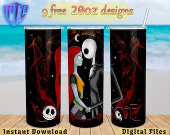 Jack Skellington e Sally adoram design de copo de 20 onças, crianças sublimação png, envoltório reto e cônico, designs gratuitos de 20 onças