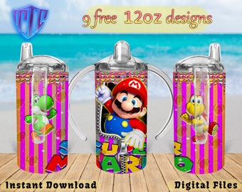 Super Mario Bross Sippy 12oz Tumbler Design, Sublimation Design, Kids Cup Design, Wrap 12 oz PNG Design, Free 12oz Designs.