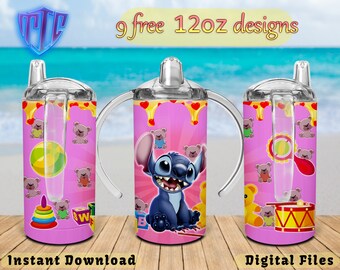 Stitch Sippy 12oz Tumbler Design, Sublimation Design, Kids Cup Design, Wrap 12 oz PNG Design, Free 12oz Designs.