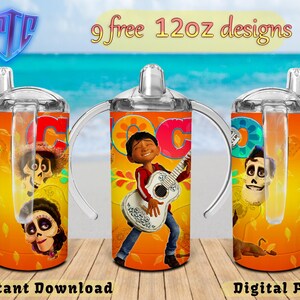 May include: Nine free 12oz tumbler designs featuring characters from the animated film Coco. The tumblers are orange with a clear plastic handle and lid. The designs feature Miguel, Hector, and Dante.